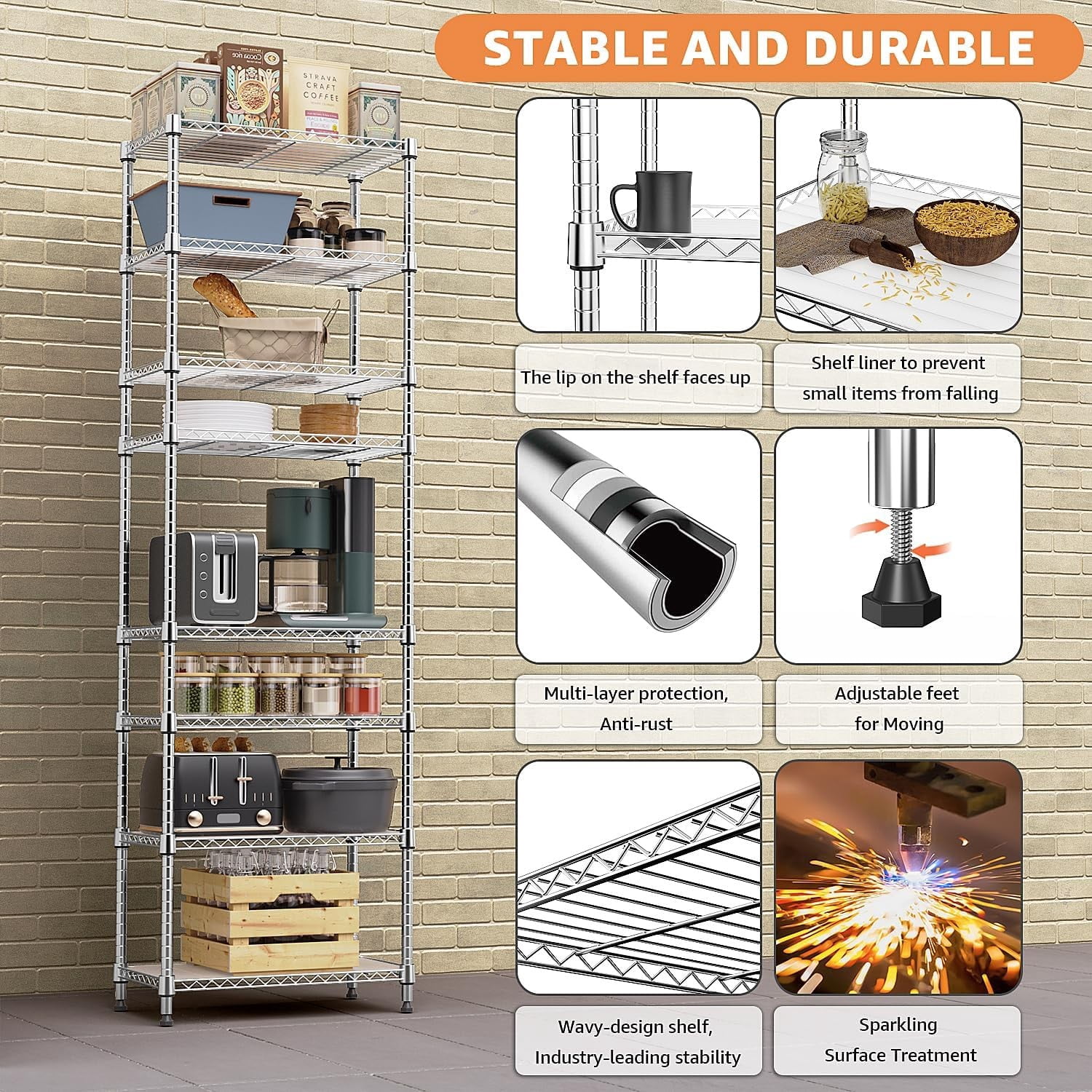 M MZG 8-Tier Metal Wire Shelf, Height Adjustable, 13.8"D x 23.6"W x 79.5"H, Silver