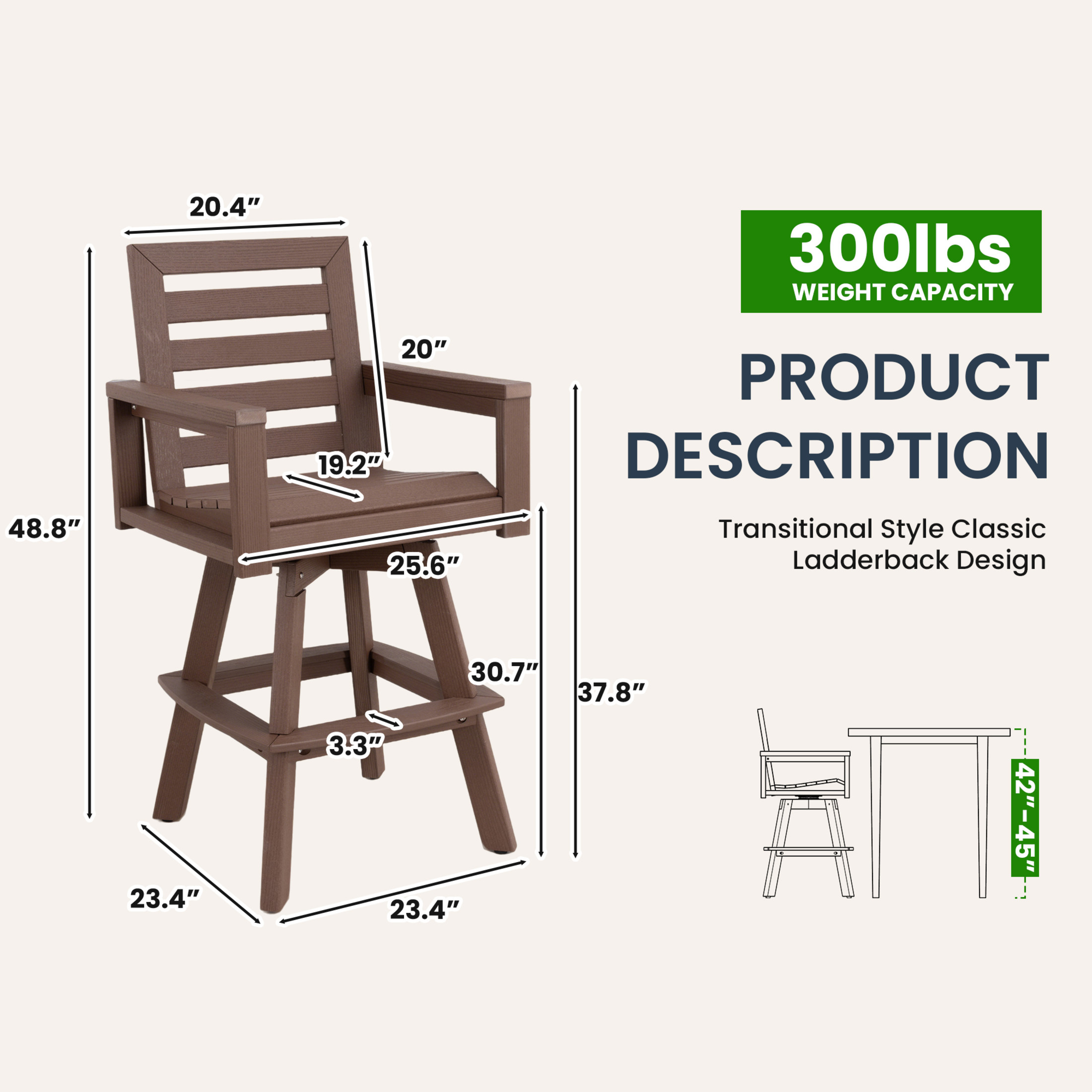 Noble House Outdoor Swivel Bar Stool, HDPE Wood Grain Ladderback Patio Chair with Footrest for Deck, Poolside, Yellow Brown