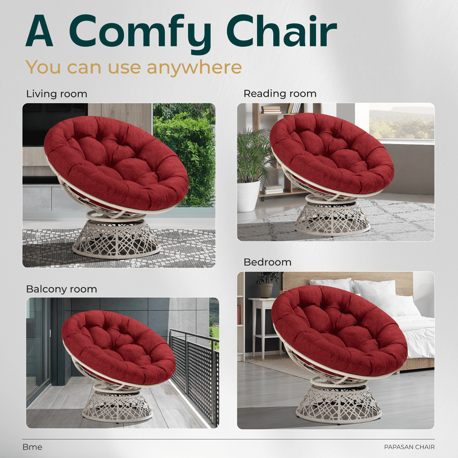 AILE 360 Swivel Ergonomic Papasan Chair with Comfy Cushion and Sturdy Metal Frame for Living, Bedroom, Reading Room, Lounge (Cherry Sangria - White Frame)