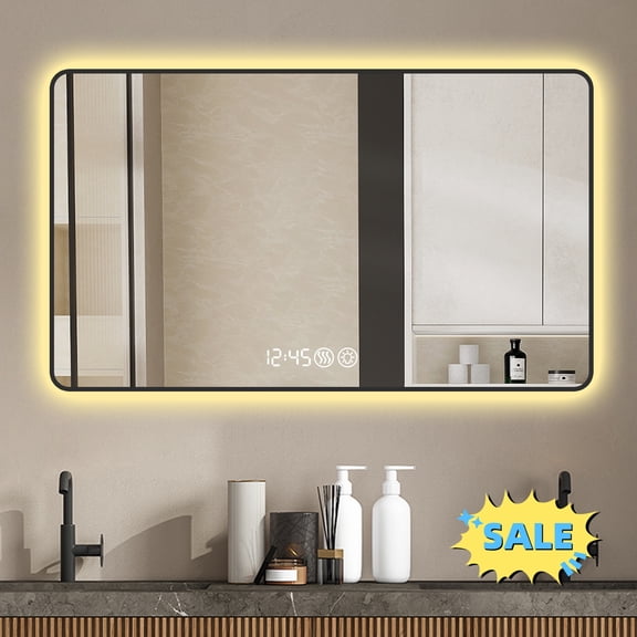 Tcbosik Lighted Vanity Mirror, 48" x 32" Makeup Mirror with Lights and Defogging Function, Bathroom Mirror with Temperature Display & Aluminum Alloy Frame, Black