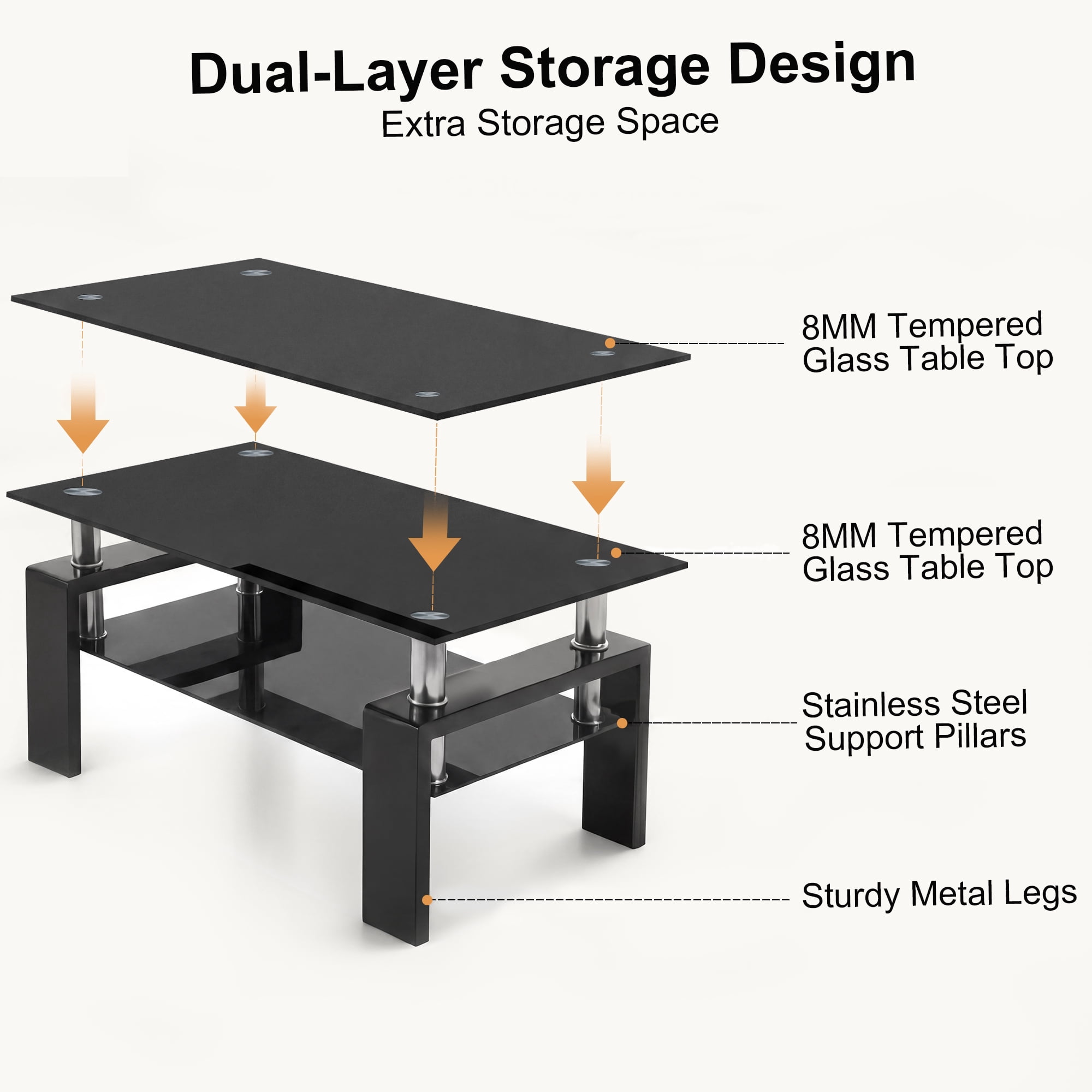 Glass Coffee Table with Lower Shelf, Holaki Modern Rectangular Tempered Glass Center Table with Metal Legs for Living Room, Black