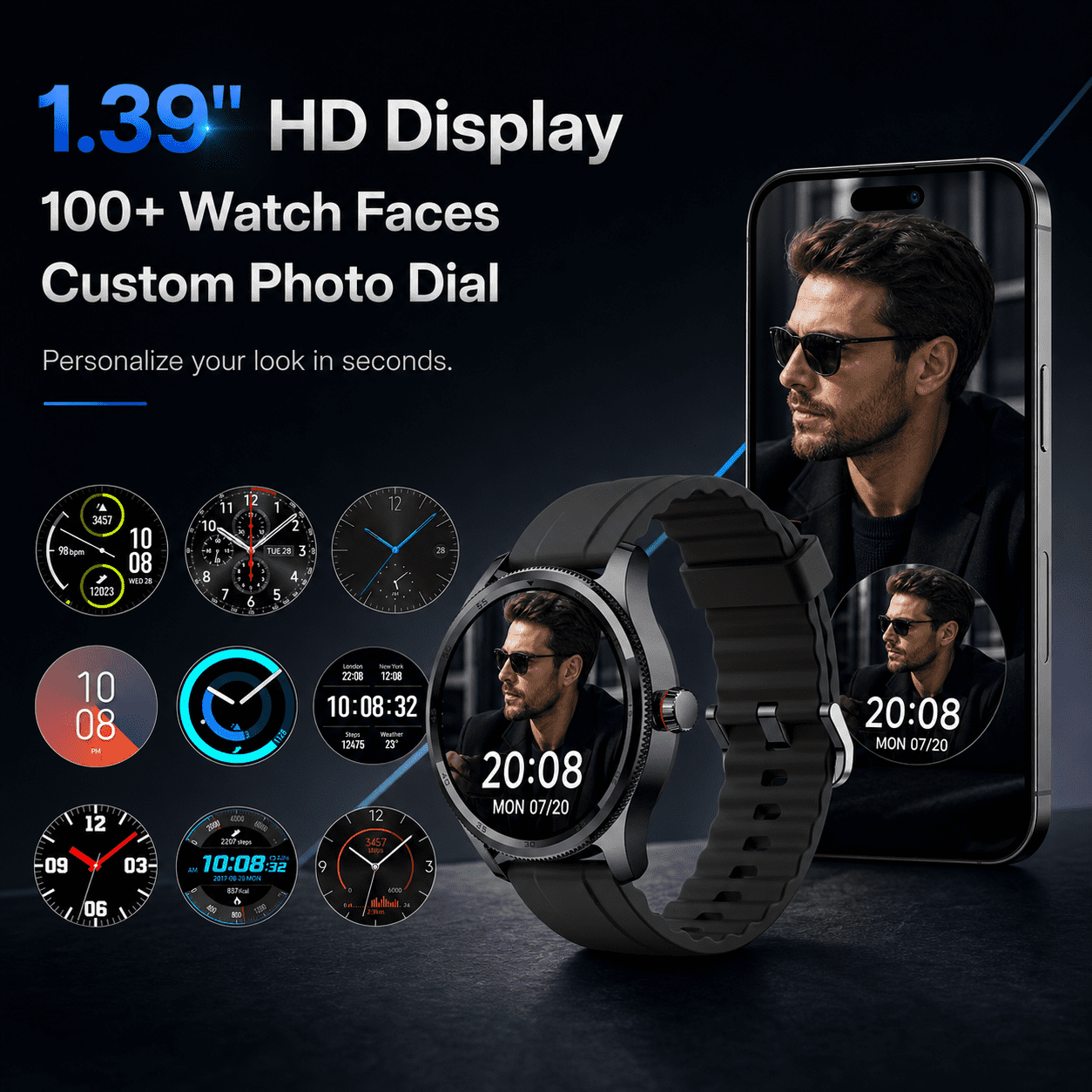 MiracoRun Men’s Smart Watch for iPhone & Android, 1.39" Round Touchscreen, Bluetooth Calling & Text Notifications, Fitness Tracker with 100+ Sports Modes, IP68 Waterproof
