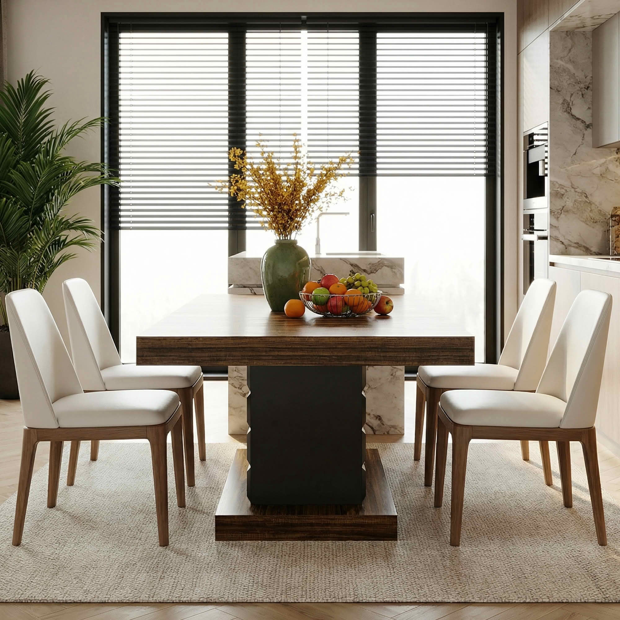 MAYEERTY 63" Modern Geometric Dining Table, Brown MDF Top Cubed Black Base Kitchen Table