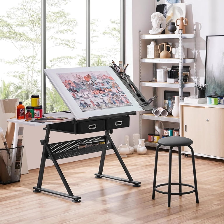 YounGG Height Adjustable White Art Desk for Adults, Tilting 