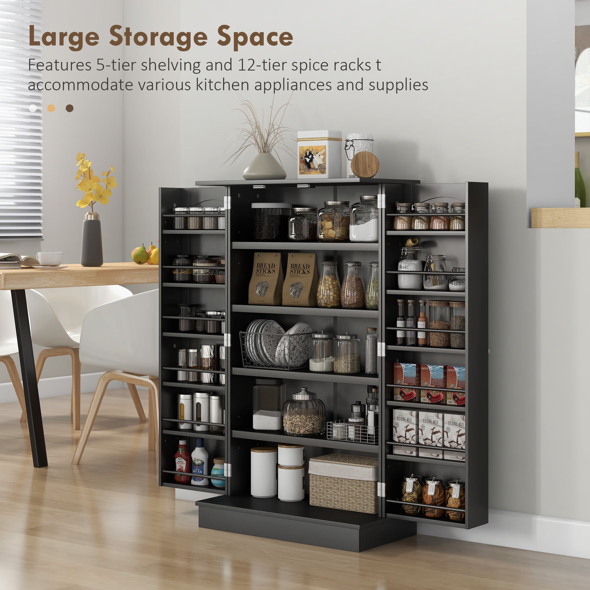HOMCOM 41" Kitchen Pantry, 2-Door Kitchen Cabinet with 5-tier Storage Shelving, 12 Spice Racks and Adjustable Shelves for Dining Room, Black