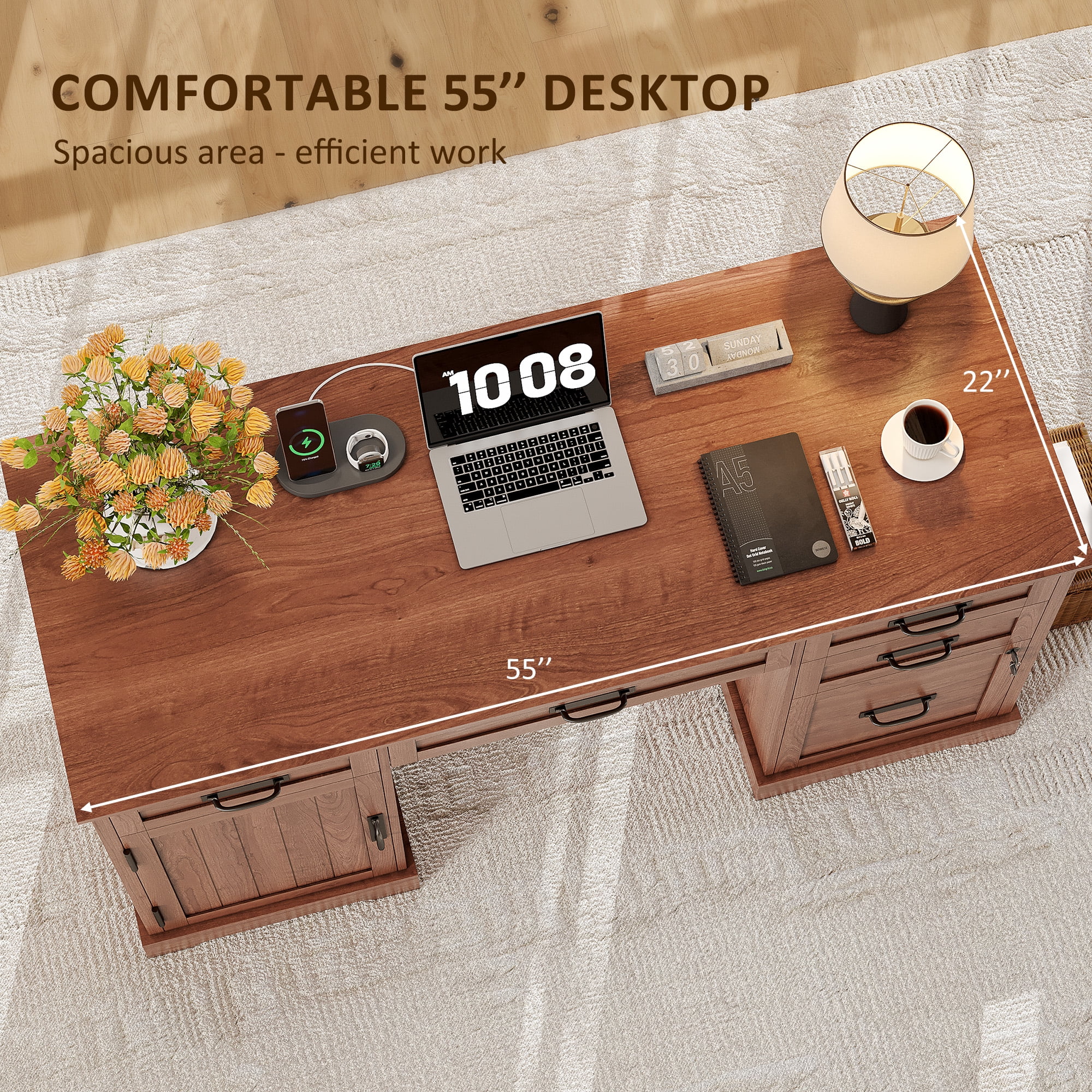 Executive Desk, 55'' Farmhouse Desk for Home Office with File Drawer and Power Outlets, Cherry Brown