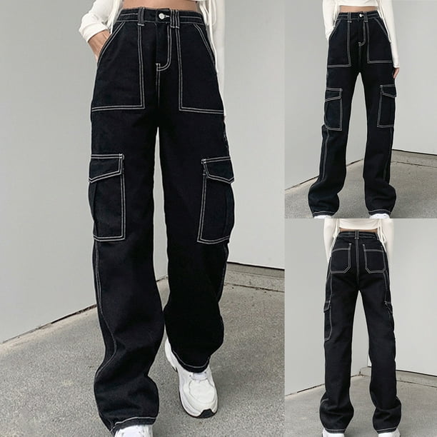 Mrat Women's Baggy Cargo Jeans High Waist Elastic Wide Leg Palazzo Pants  for Women Loose Casual Pants Comfy Denim Jeans Cargo Jeans Pants Trousers