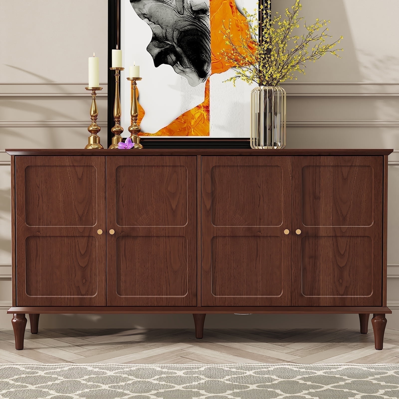 HLR Mid Century 58" Wood 4 Door Sideboard Buffet Cabinet with Storage for Living Dining (Brown)