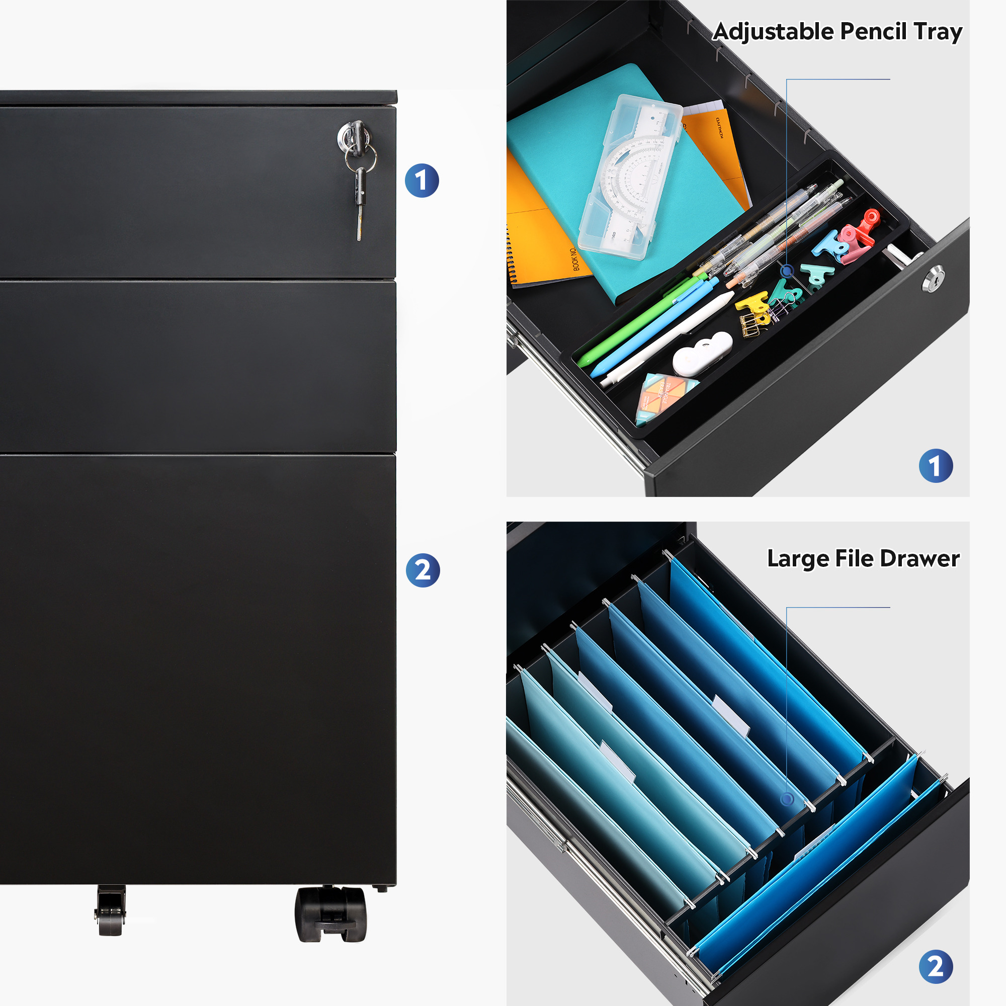 GALAXHERO Filing Cabinet 3 Drawer with Lock, Rolling File Cabinet for Home Office, Fully Assembled Under Desk Storage, Black