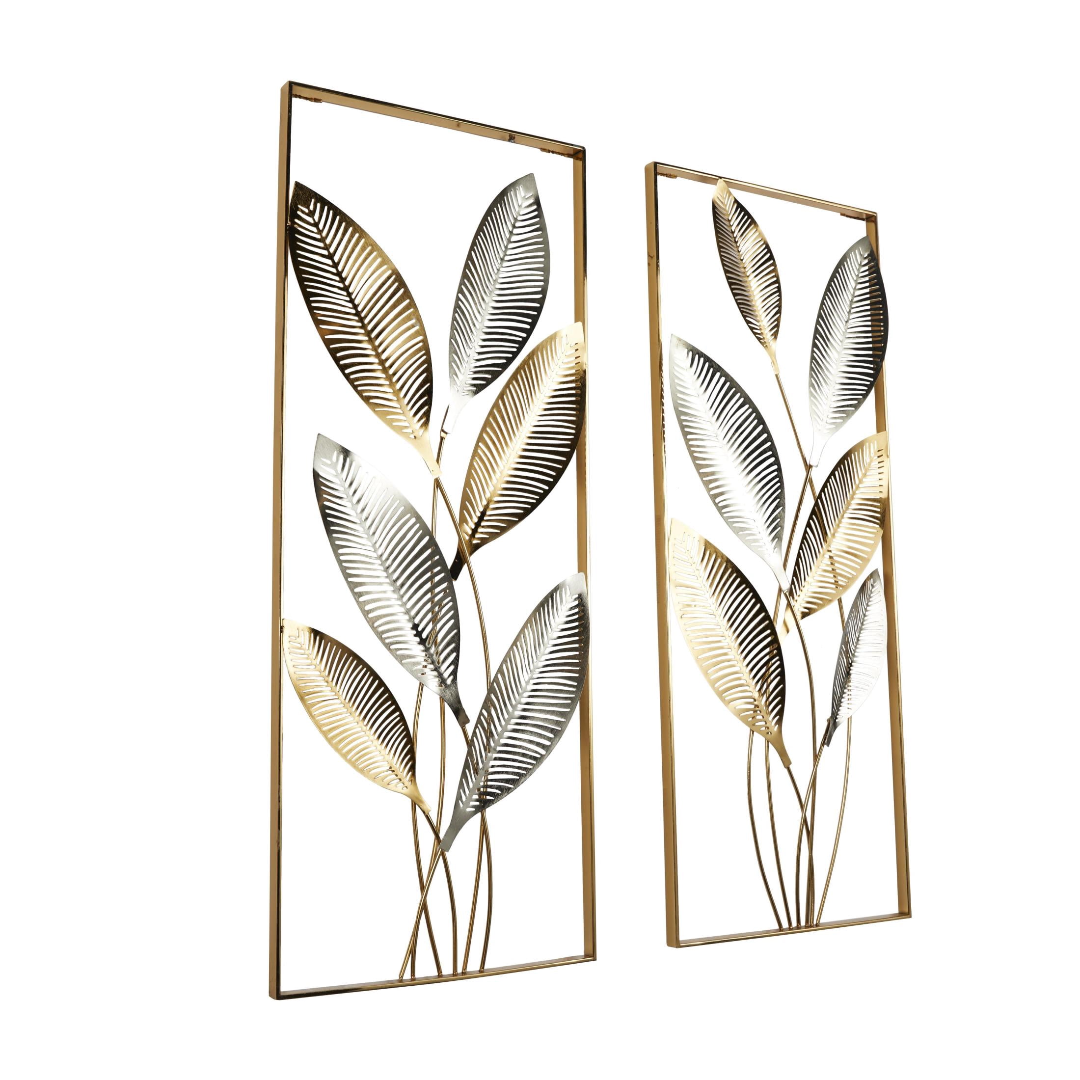 DecMode Gold Metal Metallic Cutout Leaf Wall Decor with Silver Accents (2 Count)
