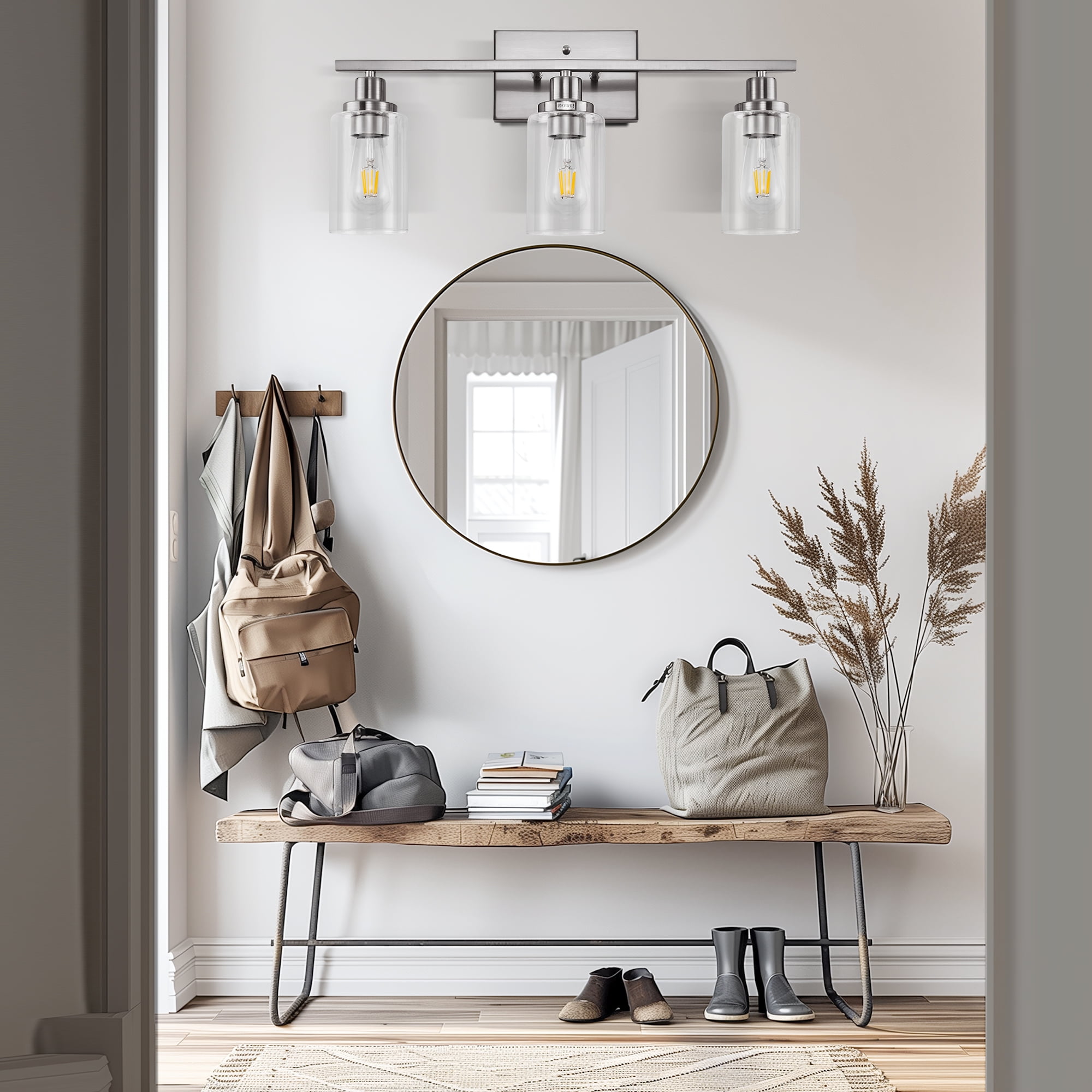 YANSUN 24 in 3-Light Industrial Brushed Nickel Vanity Light Fixtures for Bathroom with Clear Glass Shades, for Master Bath, Guest Bathroom, Powder Room or Bedroom