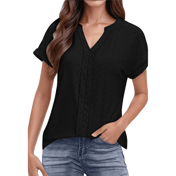 Blusas con Ojales para Mujer, Cuello en V, Corta, Bordadas, Estilo , Informal, Holgada, de Verano Negro L