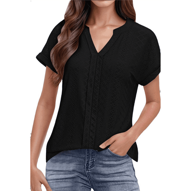 Blusas con Ojales para Mujer, Cuello en V, Corta, Bordadas, Estilo , Informal, Holgada, de Verano Negro L