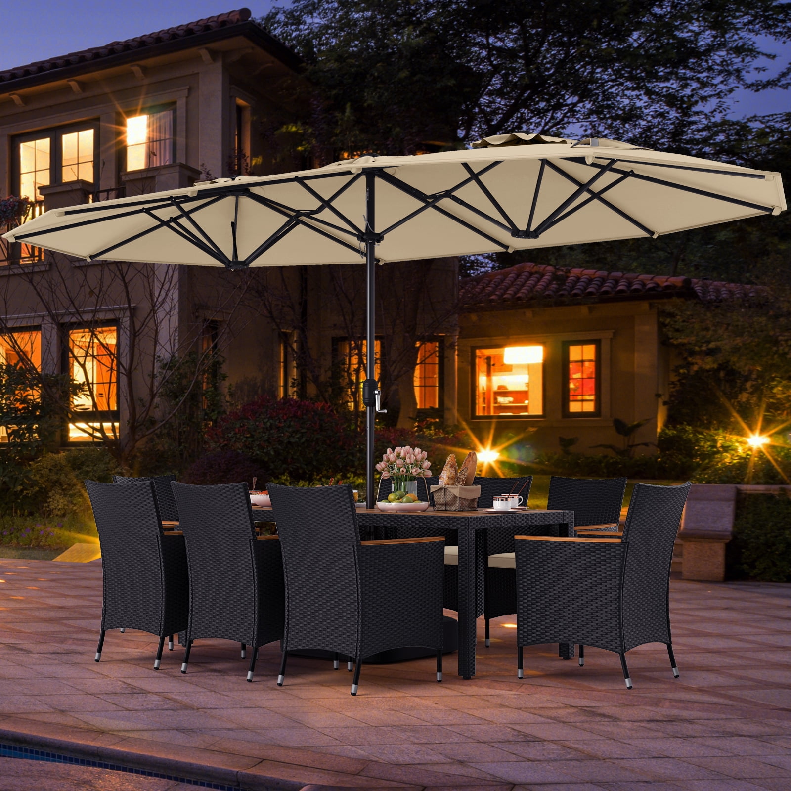 Costway 11 PCS Patio Wicker Dining Set with Double-Sided Outdoor Umbrella 8 Stackable Chairs