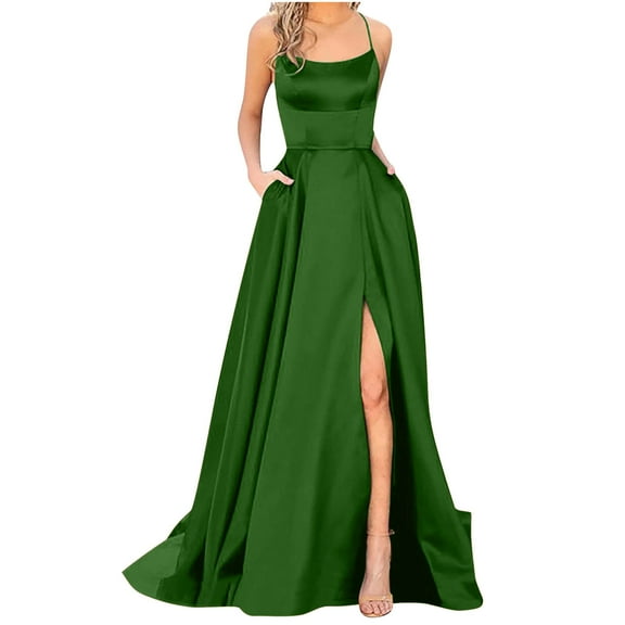 UPPADA Women's Long Satin Slit Prom Dresses Long formal Dress Evening Party Spaghetti Straps Backless Slit Ball Gown with Pockets Army Green,L