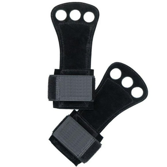 Yazoeia Weight Lifting Hand Grip 3 Holes Leather Gymnastics Grips Hand Palm Protector with Wrist Strap for Pull Up Fitness Black L MR318-6451