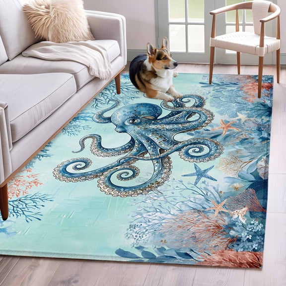 Rectangle Area Rugs 2.7 x 5 Ft, Coastal Octopus Blue Non-Slip Residential Carpet, Summer Beach Nautical Coral Starfish Indoor Crawling Mats Runner Rugs for Living Room/Dining Room/Bedroom
