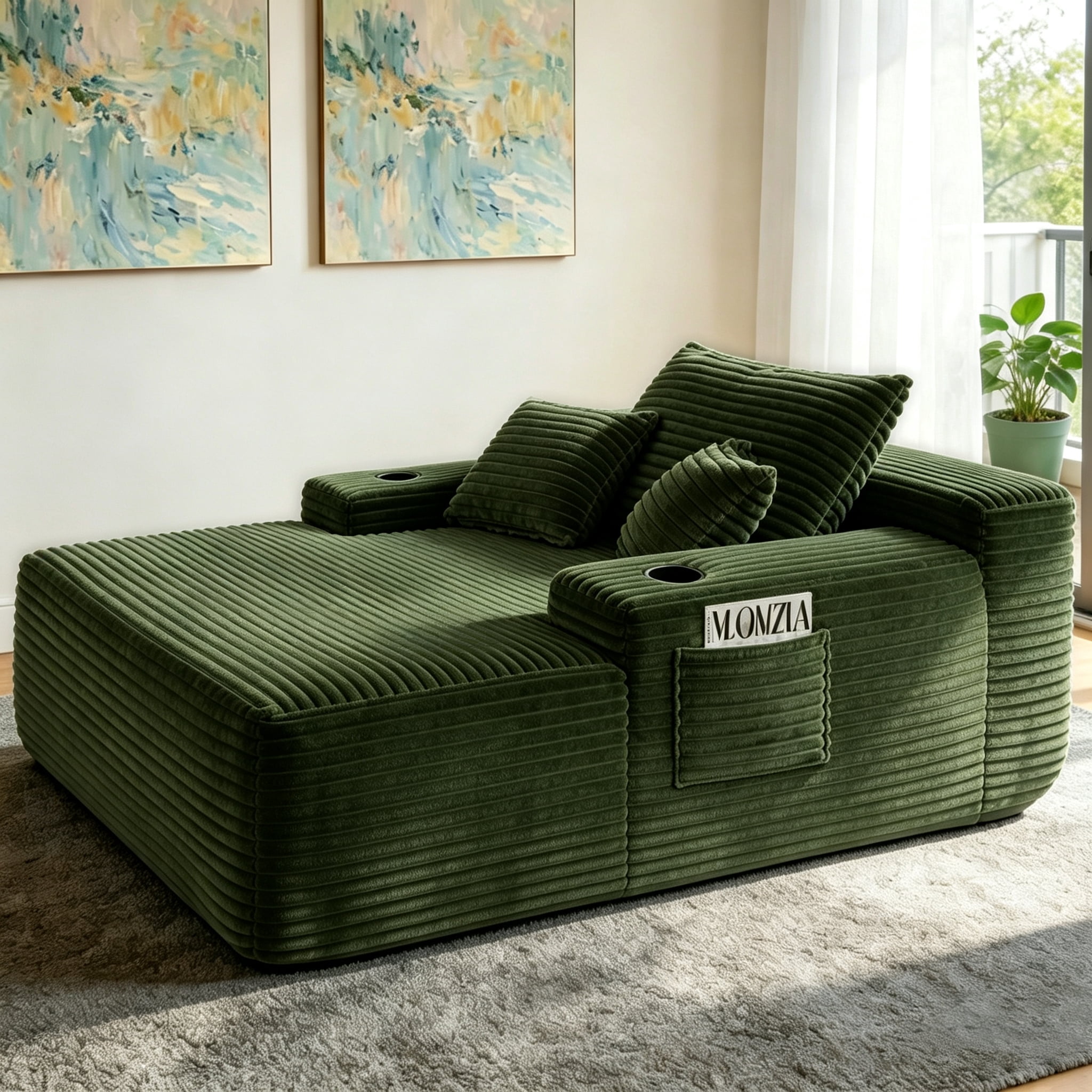 ShiKeyi 65'' Oversized Chaise Lounge Chair Indoor, Boneless Sofa Cloud, Plush Corduroy Chaise Couch with Cup Holders, Side Storage Pocket & Pillows, No Assembly Required, Green