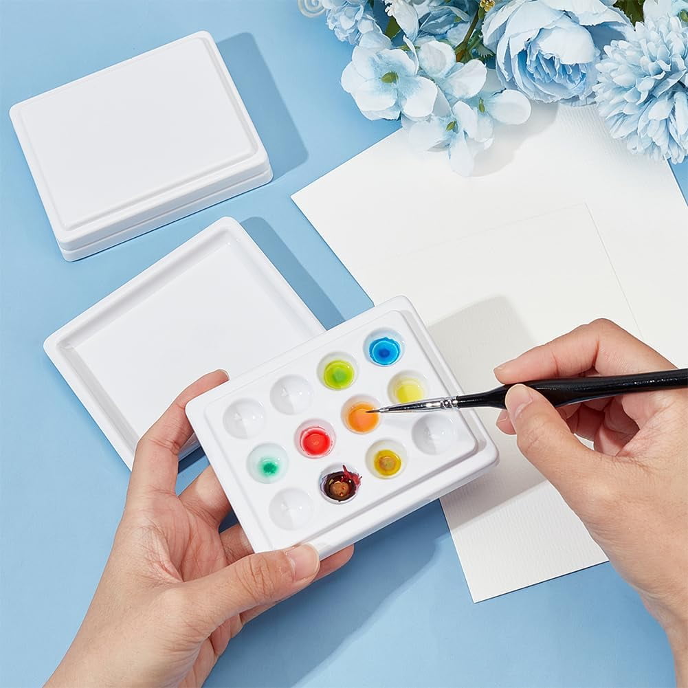 2Pcs 12-Well White Palette Plastic Imitation Porcelain Watercolor Oil Palette with Cover Mixing Tray Painting Palette with Lid for Watercolor Gouache Oil Acrylic Painting White DIY