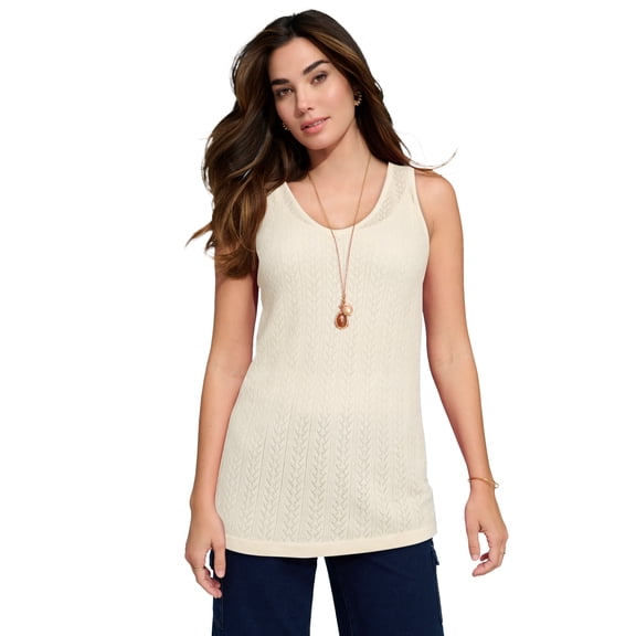 Roaman's Women's Plus Size Pointelle V-Neck Ribbed Trim Tank