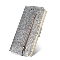 Samsung Galaxy S10e Case, Dteck Bling Glitter PU Leather Zipper Wallet Case Cover With Hand Strap,Silver