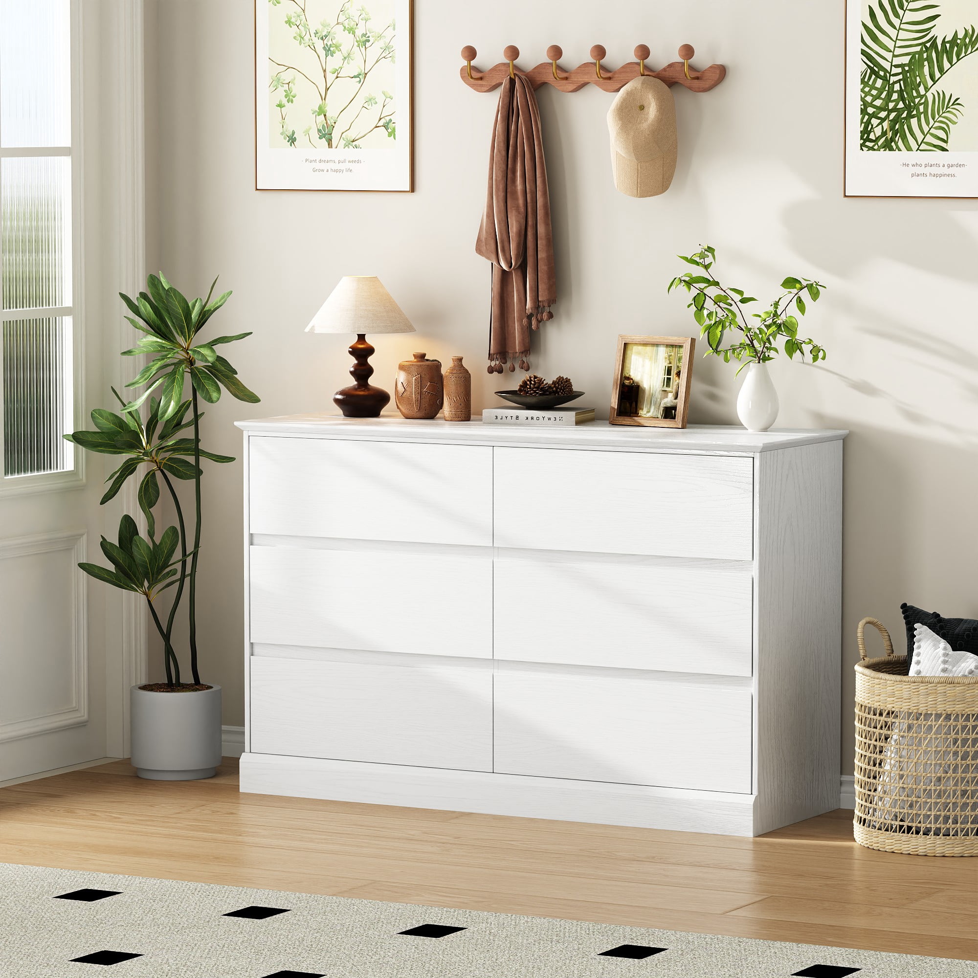 6 Drawer Dresser for Bedroom, White Dresser Double Chest of Drawers, Modern Wood Dressers with Deep Drawers for Living Room,White