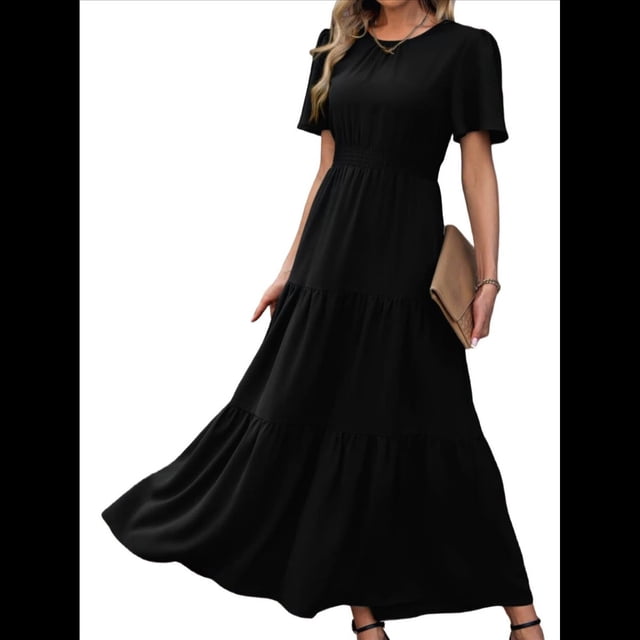 Vestido Bohemio Floral Fluido de Verano para Mujer, Informal, con Mangas y Volantes, Cuello Redondo, Cintura Fruncida y Negro M