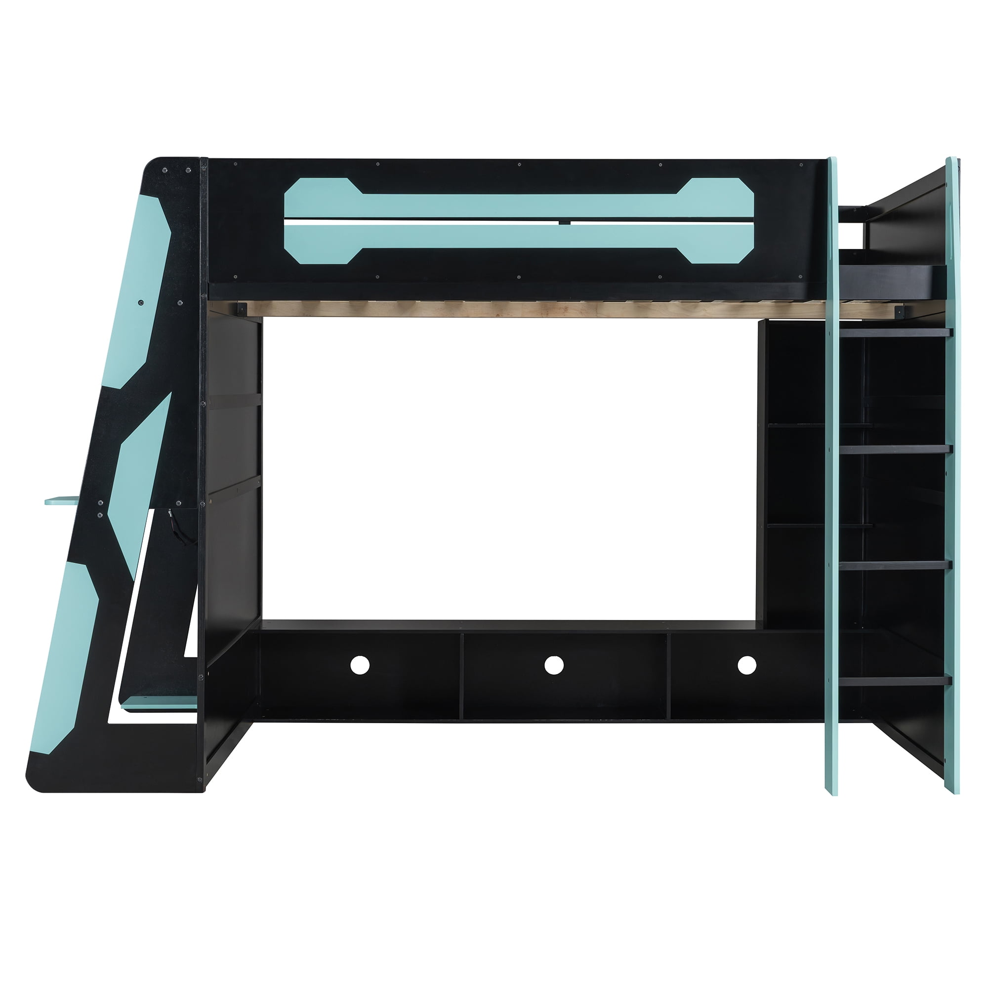 Mintazer Esports Full Size Loft Bed Frame with Gaming Desk & RGB Lights, Gaming Loft Bed with Open Storage Shelves & Charge Station for Teen Boys Bedroom, Blue
