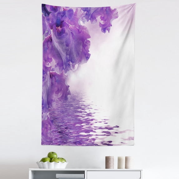Flower Tapestry, Iris Flowers Petals Against the Water River Nature Image, Fabric Wall Hanging Decor for Bedroom Living Room Dorm, 5 Sizes, Violet White, by Ambesonne