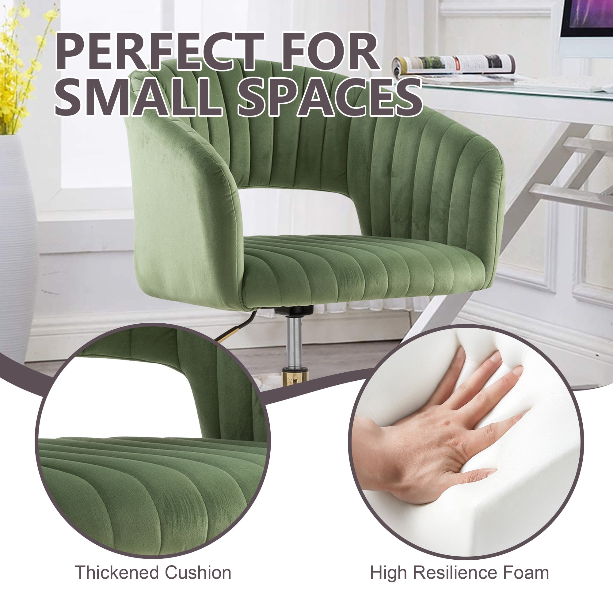 MOONMISS Velvet Upholstered 360°Swivel Adjustable Height Modern Home Office Chair with Golden Legs-Green