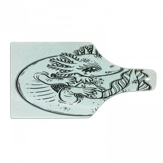 Salamander Cutting Board, Close Shot Graphic Illustration of an Axolotl Monochrome Drawing, Decorative Tempered Glass Cutting and Serving Board, in 3 Sizes, by Ambesonne