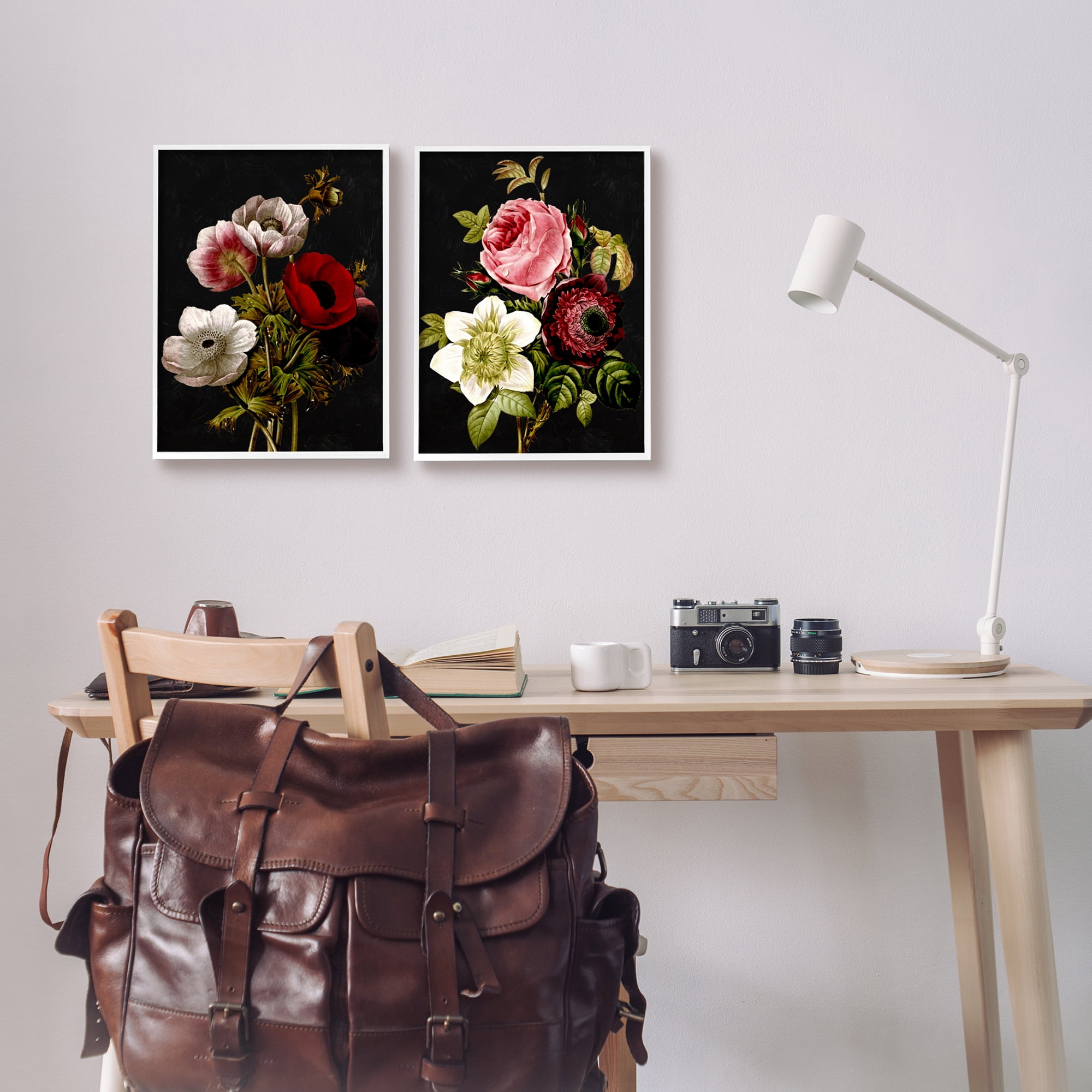 Stupell Industries Vintage Blooms on Black Botanical & Floral Painting White Framed Art Print Wall Art, 11 x 14, Set of 2