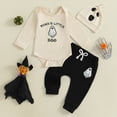 thumbnail image 2 of Gerichy Baby Boy Outfit Halloween Newborn Infant Baby Boys Clothes Letters Embroidery Long Sleeve Bodysuit Pants Hat 3PCS Outfit Set 0-12 Months, 2 of 7