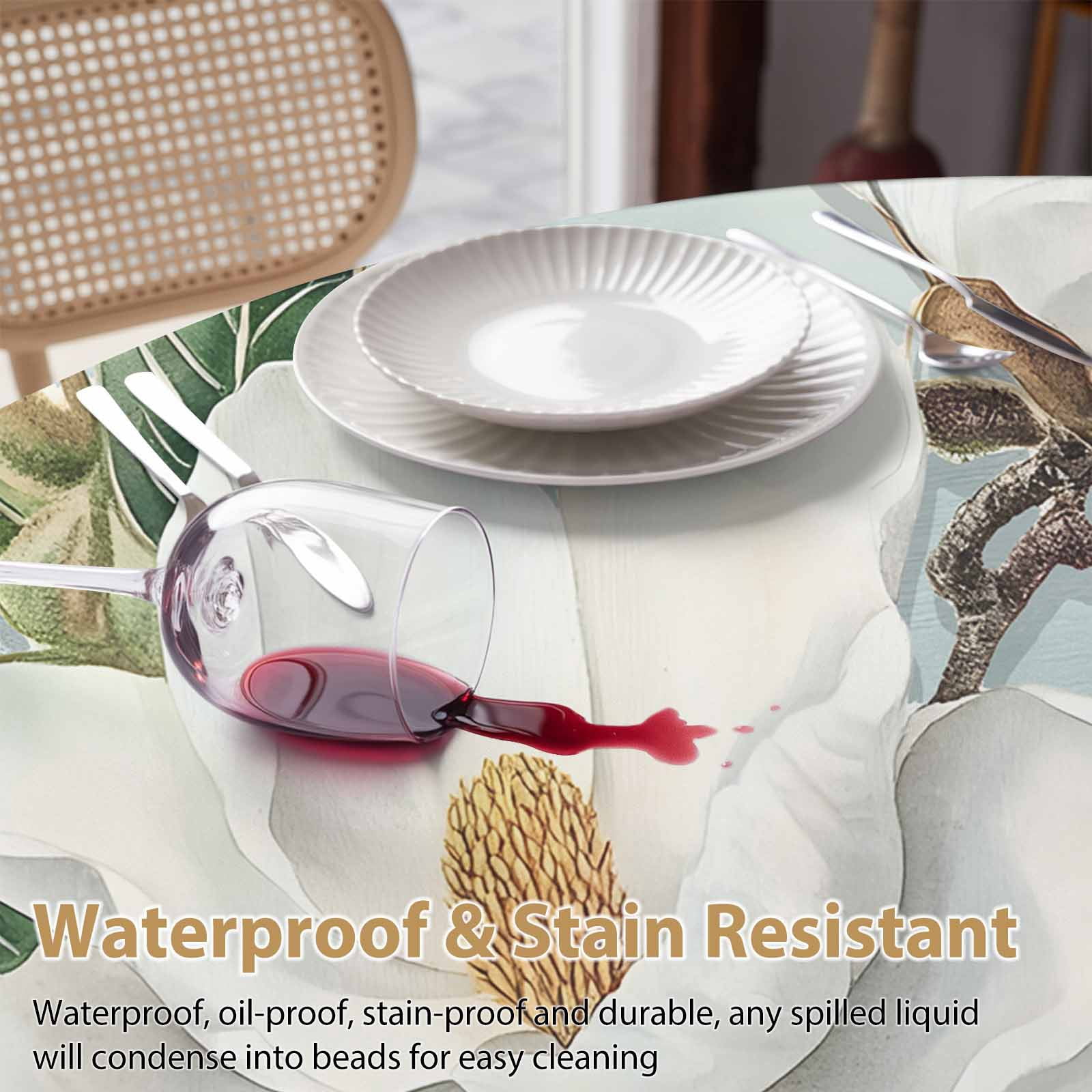 Round Tablecloth Farmhouse Rustic Magnolia Waterproof Oil Proof Polyester Table Cloth Cover Decor for Home Dining Outdoor,Patio,Parties, 60" Dia. White Green