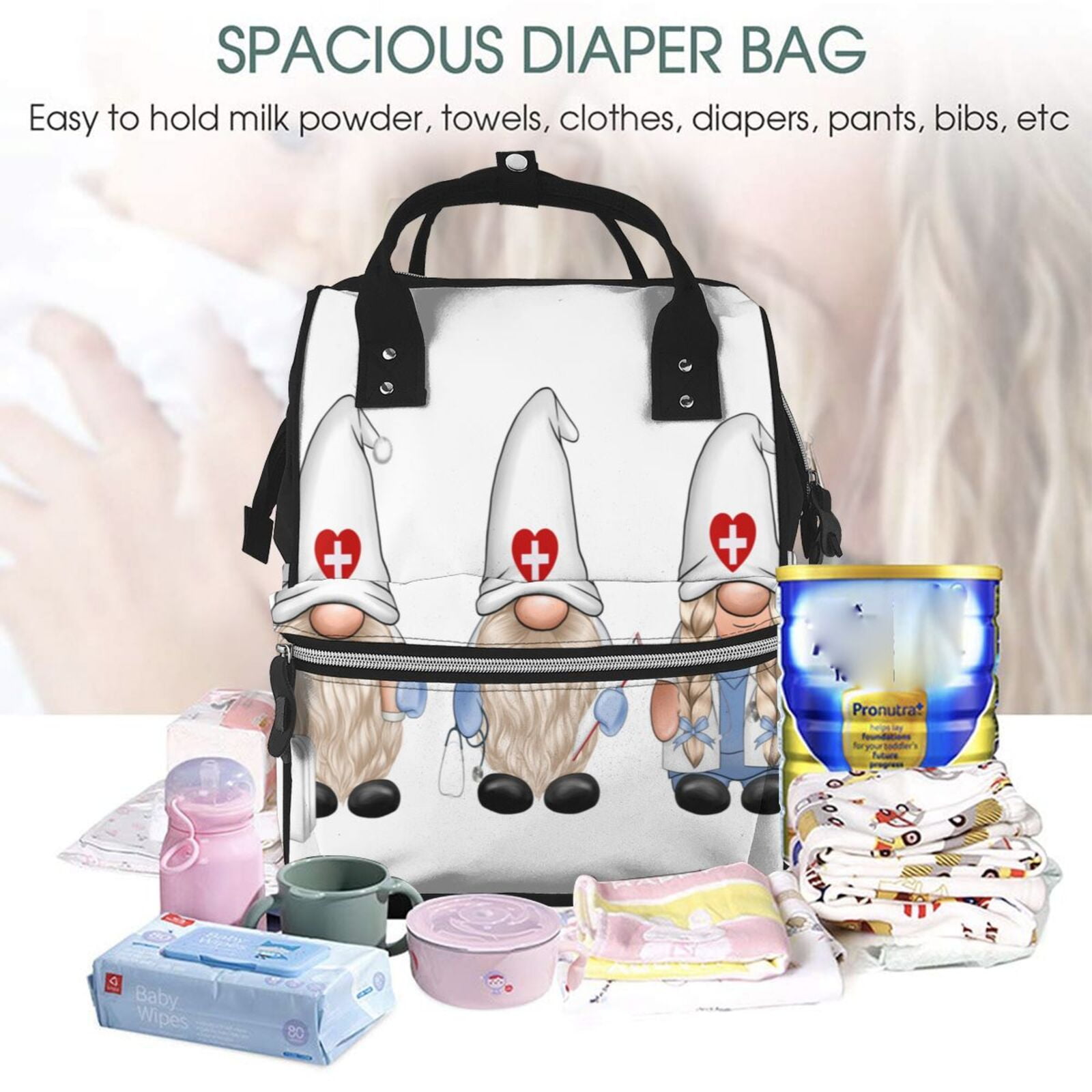 Fuzoiu Nurse doctor gnome Print Diaper Bag Backpack,Baby Essentials Travel Tote,Multi function Waterproof Diaper Bag, Travel Essentials Baby Bag - Unisex