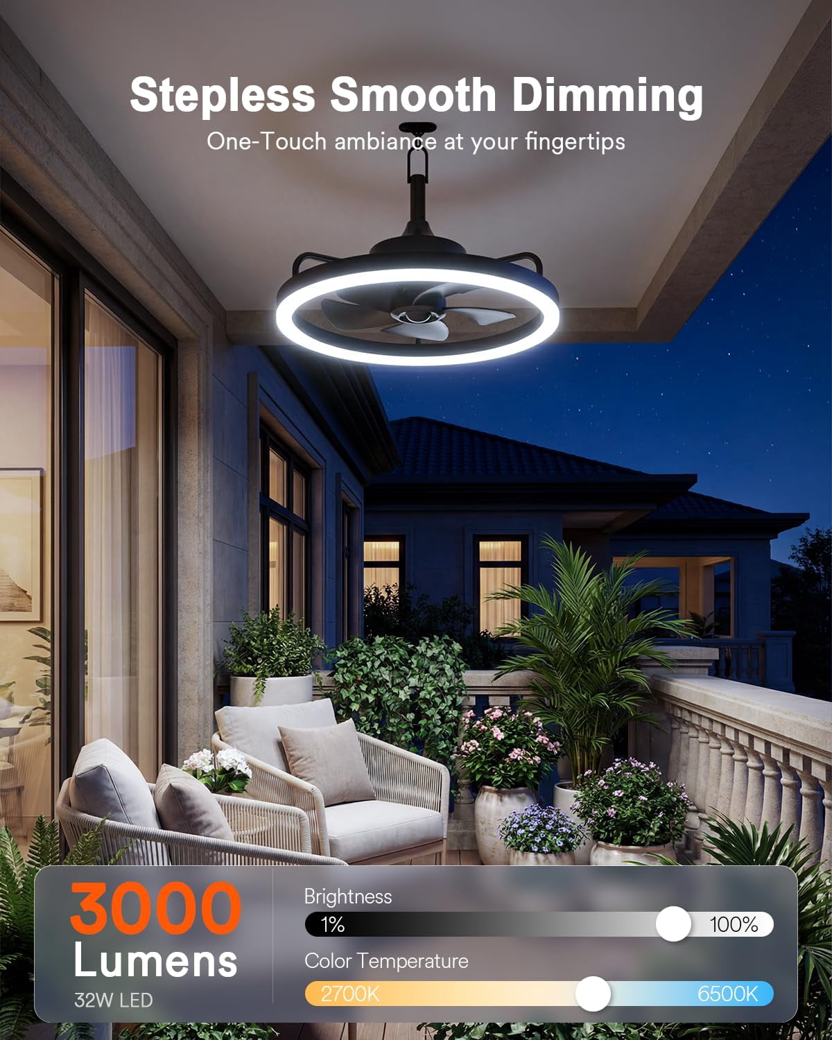 Lumary Smart Outdoor Ceiling Fan with Light IP65 Waterproof Caged Iron RGB Color Changing Remote Control 20 Inch