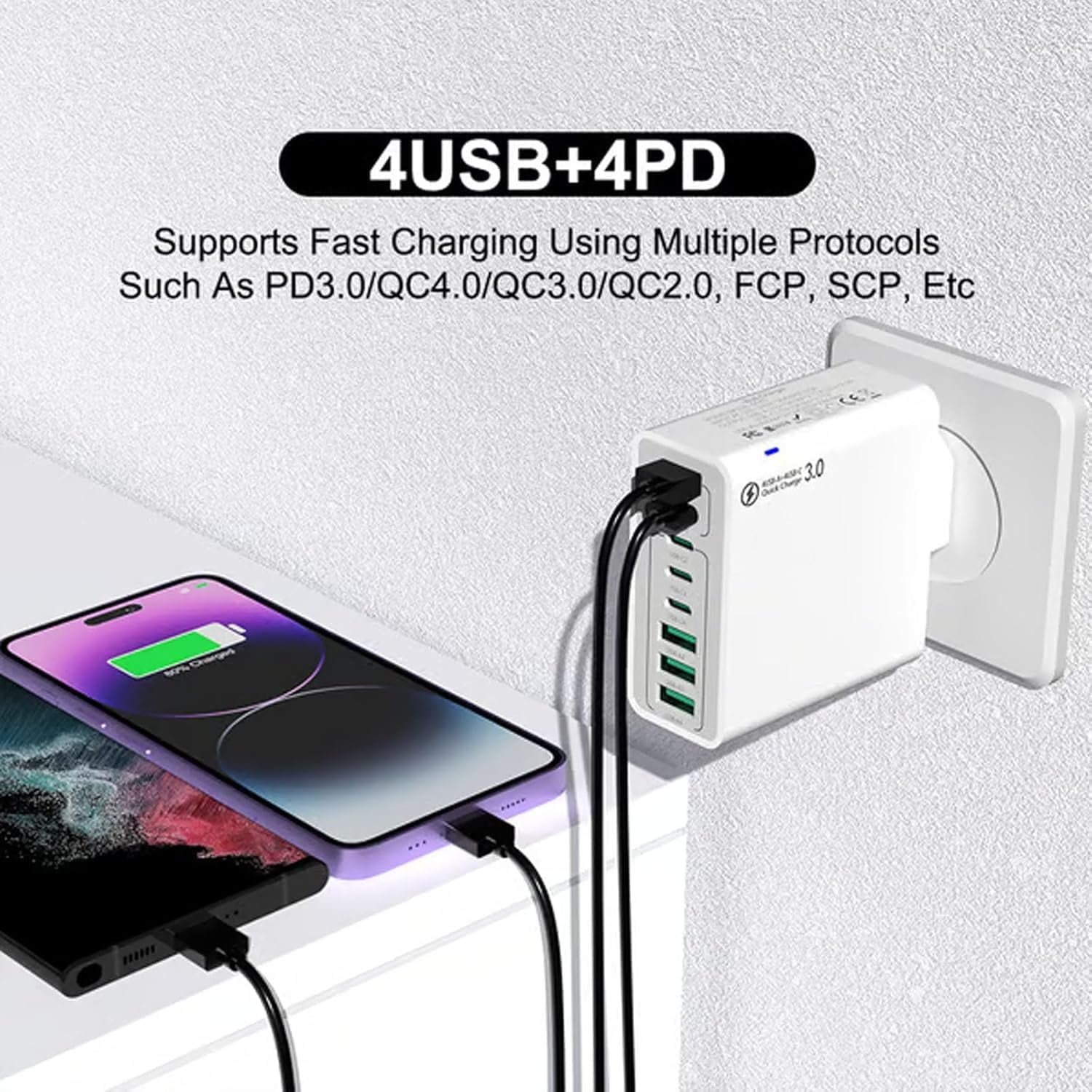 8-in-1 USB Fast Charging Station – 4 USB Ports & 4 Type C Ports Desktop Charger, Waterproof Travel Phone Charger Plug for Multiple Devices, Home Office Travel Power Hub