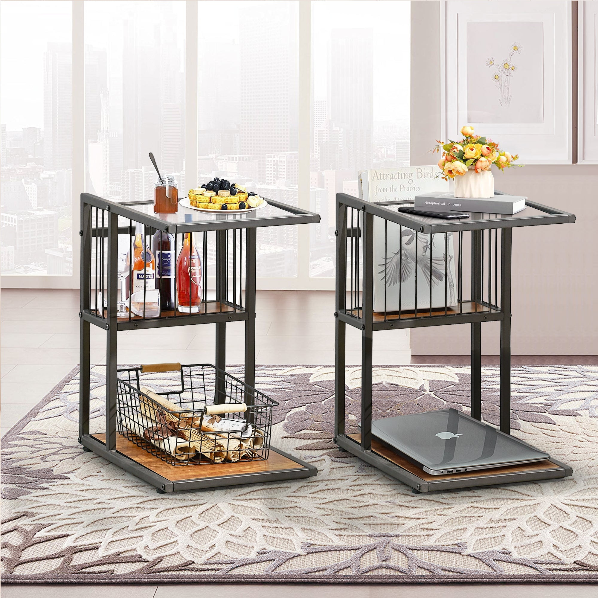 VECELO Set of 2 C Table Side Tablem, 3 Tier CShape Metal End Table