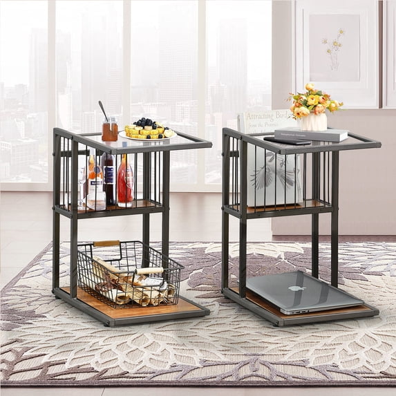 Taommika Tempered Glass Top Side Table for Bedroom Set of 2 with 3-tier Storage Shelf and Magazine Holder