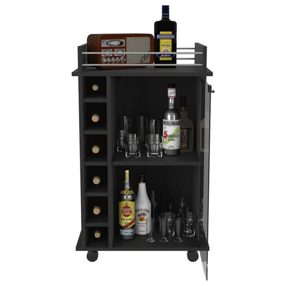 Newboti Furniture Bar Cart Baltimore, Two Tier Cabinet With Glass Door, Six Wine Cubbies, Black Wengue Finish 39819