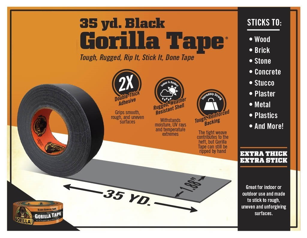 1.88" x 35 yd Gorilla Tape Black, Pack of 2 Black Duct Tape 