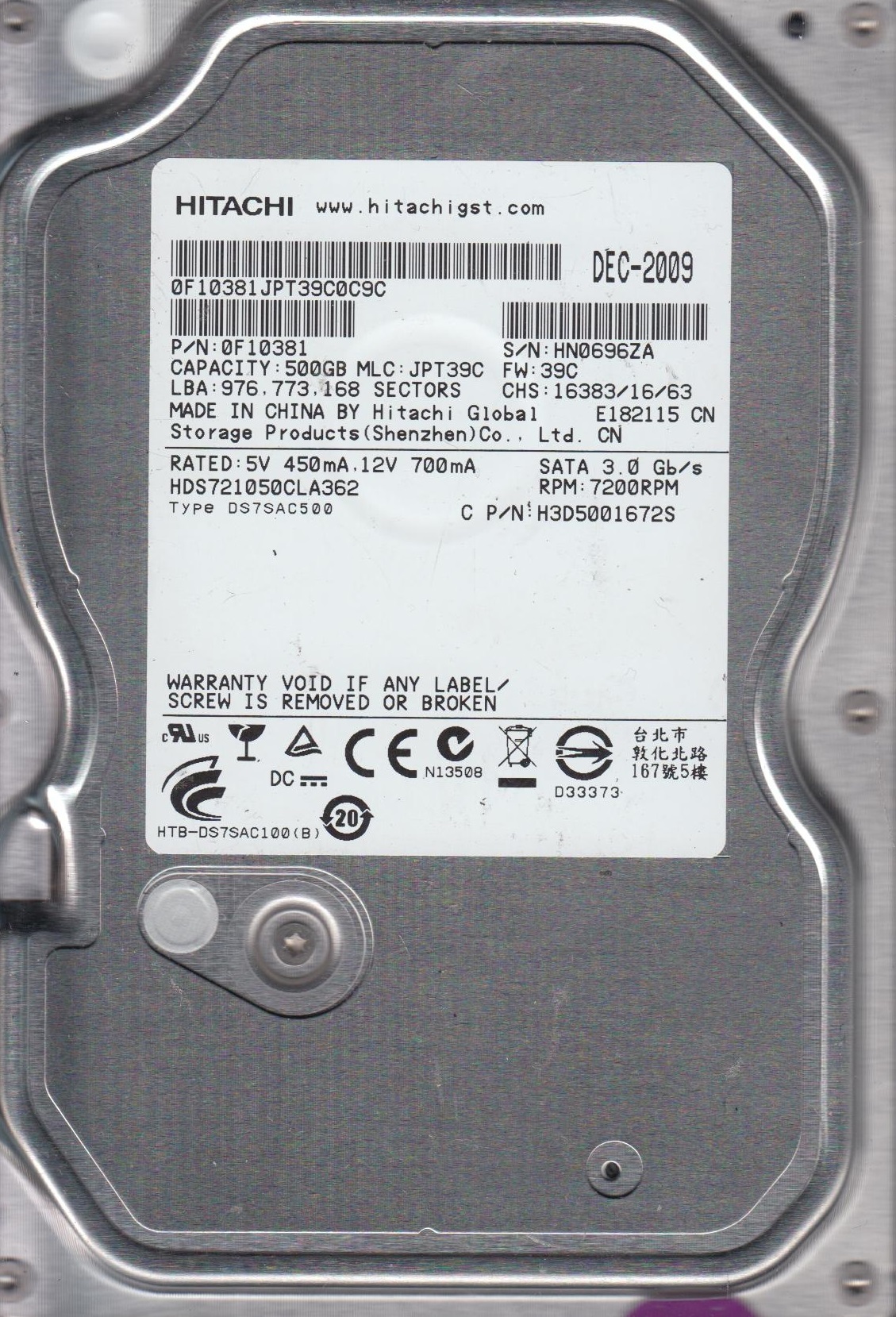 HDS721050CLA362, PN 0F10759, MLC JPT3EA, Hitachi 500GB SATA 3.5
