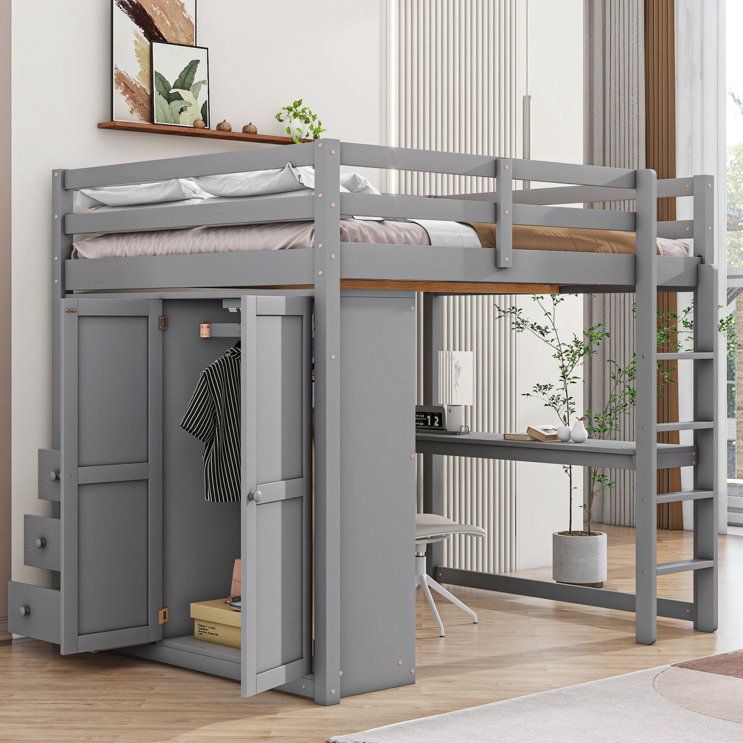 Asteroutdoor Wood Full Size Loft Bed with Built-in Wardrobe, Desk, Storage Shelves and Drawers, Gray