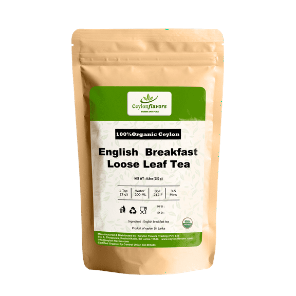 CEYLONFLAVORS FRESH AND PURE Certified Organic English Breakfast Loose Leaf Tea | From Ceylon Sri Lanka | 8.8oz / 250g, Black