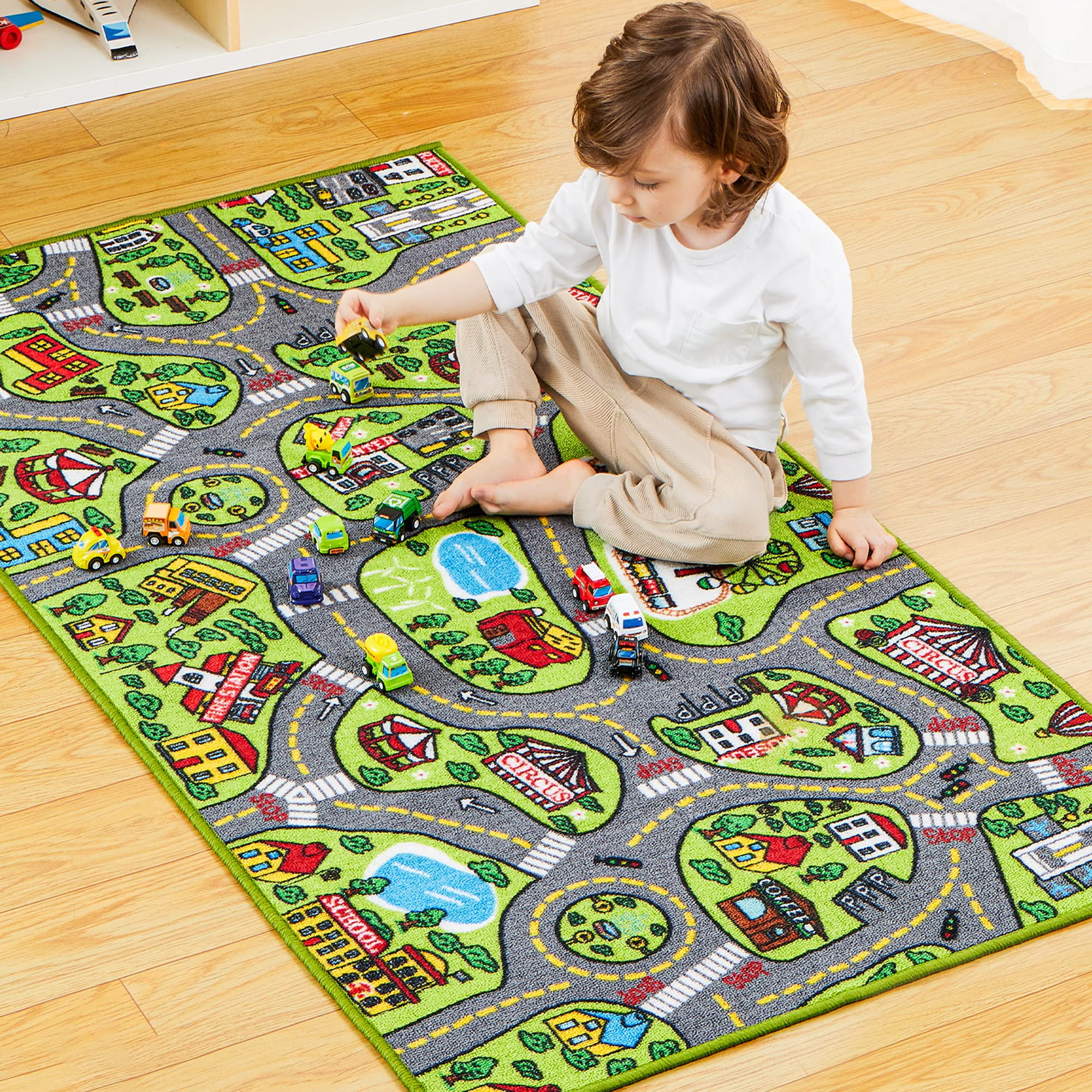Joyfy Kids Rug for Playroom, Durable City Car Track Playmat Rug with 12 Mini Vehicle Set,58.5" x 31.5"