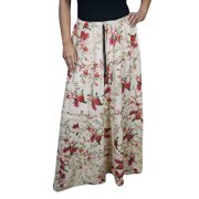 Mogul Womens Floral Print Hippie Chic Long Skirt A-Line Cotton Blend Off-White Elastic Waist Maxi Skirts