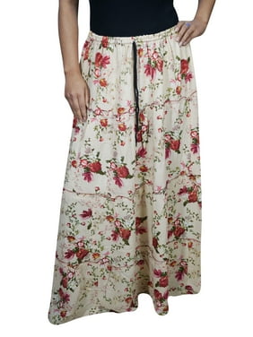 Mogul Womens Floral Print Hippie Chic Long Skirt A-Line Cotton Blend Off-White Elastic Waist Maxi Skirts