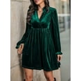 thumbnail image 4 of Women Elegant Retro Short Loose V-Neck Long Sleeve Velvet Solid Color Dress Fall Winter Fashion Clothing Dark Green L, 4 of 9