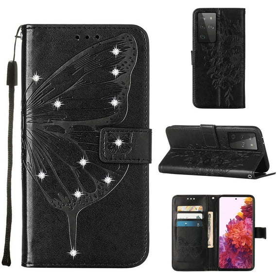 Dteck For Samsung Galaxy S21 Ultra 360 Protection Case,Shockproof TPU Luxury Diamond Embossed Butterfly PU Leather Flip Wallet Stand Cover w/ Hand Strap.For Samsung Galaxy S21 Ultra,Black