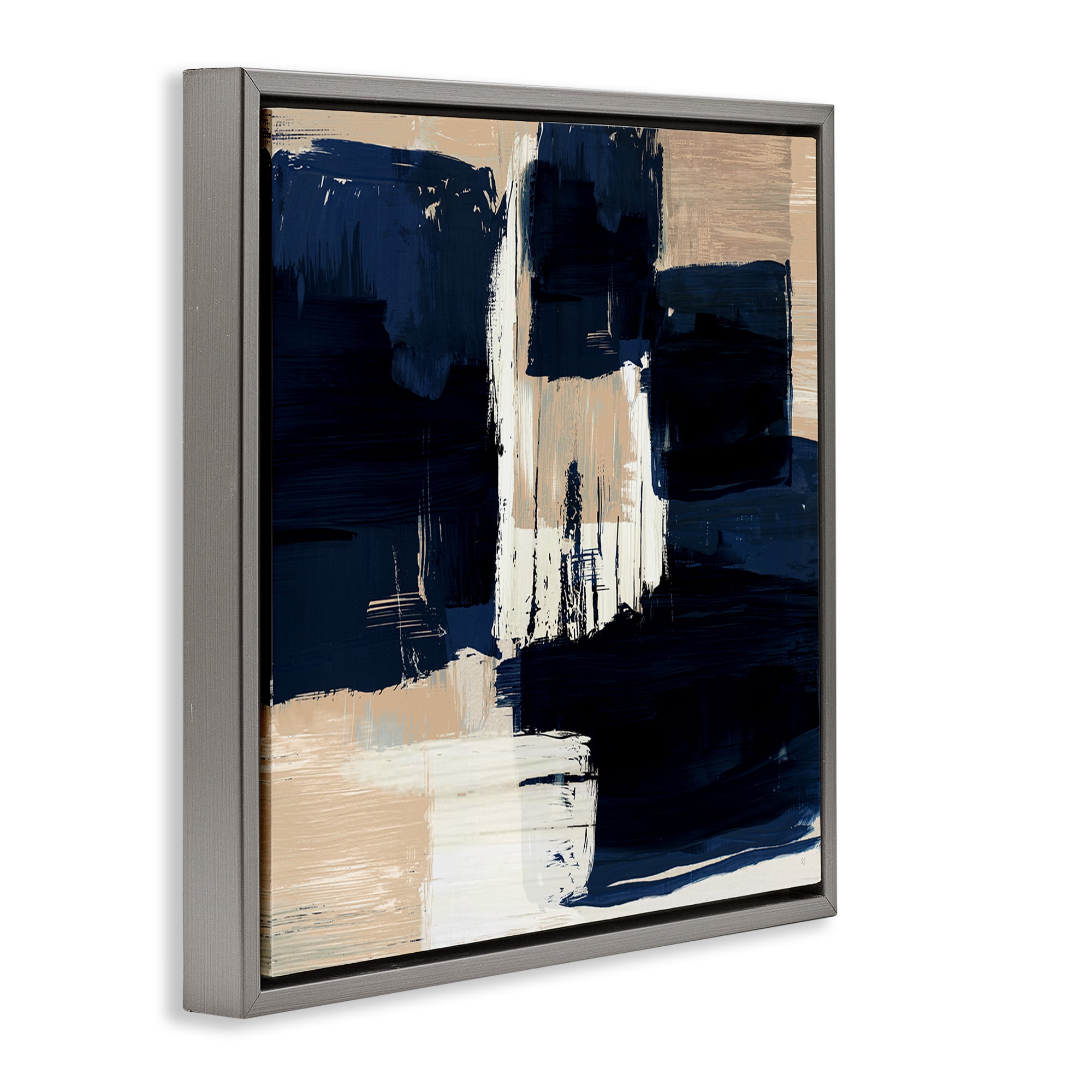 Stupell Industries Restless Blue & Tan Shapes Abstract Painting Gray Floater Framed Canvas Art Print Wall Art, 18 x 18